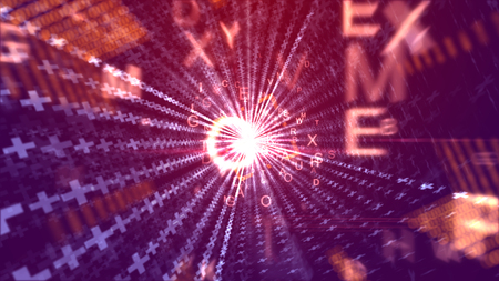 An incredible 3d illustration of rushing yellow digits going through a square tunnel looking like a computer world portal with lines of crosses and a plasma center in the violet backdrop. の写真素材