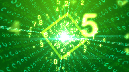 A stimulating 3d rendering of whirling yellow numbers with a big five passing through a cubic tube with a bright center and social media communication lines in the green backdrop. の写真素材