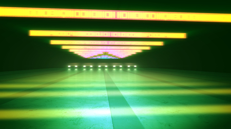 A magnificent 3d illumination of yellow zeroes and ones placed in straight rosy lines illuminating a subway road in the dark green background with shadows and tintsの写真素材