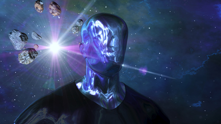 A futuristic 3d illustration of a cyborg man without eyes and a nose but with sparkling metallic surface of his face and body. The flying asteroids spin around him in the black space.の写真素材