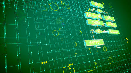 A geometric 3d rendering of computer algorithms located askew in the green background covered with white networks, rectangular and rhombus salad boxes with words.の写真素材