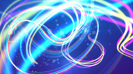 An optical art 3d illustration of colorful rainbow stripes shaping curly turns and loops in the blue backdrop. Many transparent bubbles are moving cheerfully and happily between them.の写真素材