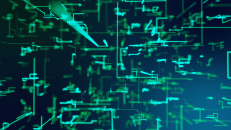 A futuristic 3d illustration of a network from blue zigzag matrix lines sparkling and moving in the black background. All of them are interconnected and look like a joined cyberspace constructionの写真素材