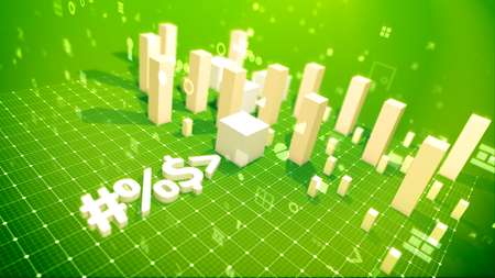 A holographic 3d illustration of a bar chart and an arrow placed on a white grid. The white columns denoting some economic indicators grow showing some reliable business profit.の写真素材