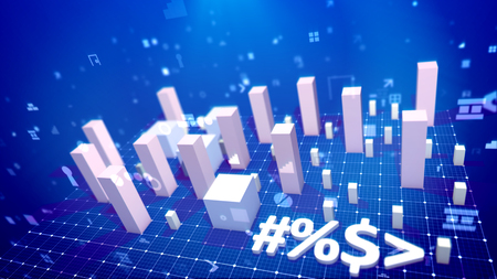 A splendid 3d illustration of a bar chart with going up rectangular and cubic business columns meaning in the blue background. There are the computer signs of dollars, numbers and percent.の写真素材