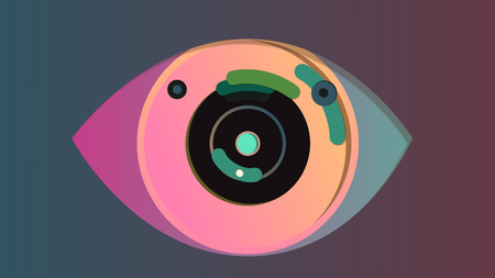 A cutting edge 3d illustration of an artificial eye with a round blue pupil, black and pink iris and violet and grey retina, put in the center of the grey and violet backdrop. It has modern cameras.の写真素材