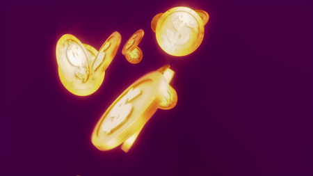 An optimistic 3d illustration of glittering dollar coins jazzing merrily in the dark violet background. They jump and whirl cheerfully and generate the mood of fortune, success and confidenceの写真素材