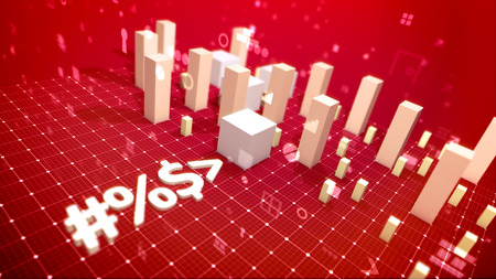 A breathtaking 3d illustration of a trade bar chart and computer signs including angle bracket, number, dollar and percent put askew in the red backdrop. The profit indicators are moving up.の写真素材