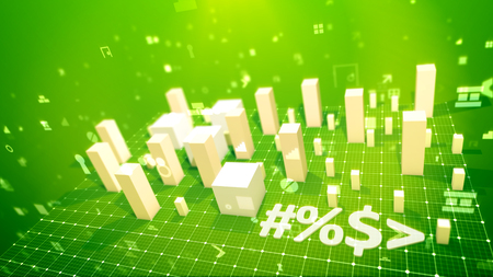 An exciting 3d illustration of a bar chart with rising rectangular columns meaning profit in the salad backdrop put diagonally with soaring spots, key holes, angles, windows and other pc symbols.の写真素材