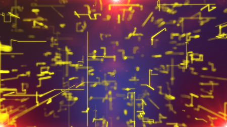 3d illustration of a grid of golden zigzag matrix lines glittering in the dark violet background. All crisscross lines are connected in one technological structure. Bright spots are shining too.の写真素材