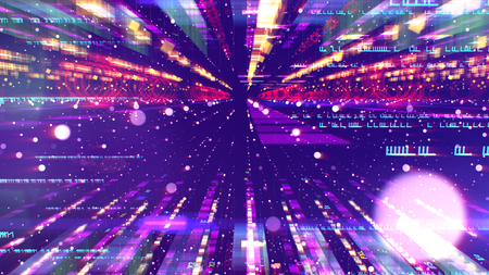 A cutting edge 3d illustration of a sparkling colorful space configuration looking like a bunch of extra long columns forming a time tunnel for advanced spaceships in the violet background.の写真素材