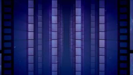 A vintage 3d illustration of vertical film tapes with black fringes with spots. They are placed in the dark blue background. They create the mood of creativity, optimism and high art.の写真素材