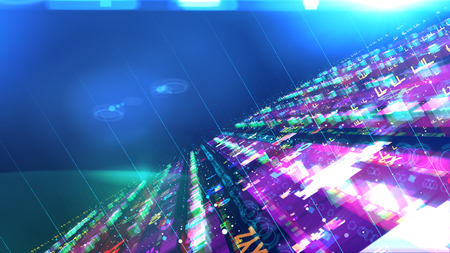 A striking 3d illustration of a flickering space station with level and multicolored surfaces with rectangular houses on them and flying spaceships resembling circles in the blue universe.の写真素材