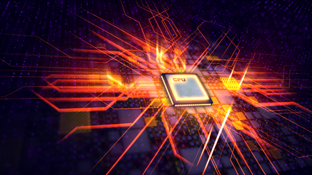 A pioneering 3d rendering of a square CPU processor placed askew in the violet backdrop. It is connected with yellow squares and a grate of lines. The sparkling rays move spherically.の写真素材