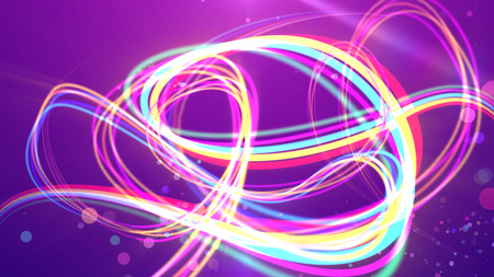 An impressive 3d illustration of multicolored rainbow strokes making curvy turns and loops in the violet backdrop. Some bubble looking spots are flying between them. The stripes move forward.の写真素材