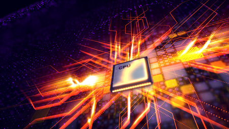 A hi-tech 3d illustration of a square CPU microprocessor with plasma discharges around being put...