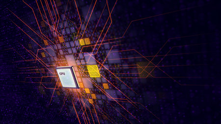 A technological 3d illustration of a square CPU microprocessor composing a powerful black...