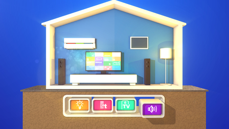 A happy 3d illustration of a symmetric smart home with three pressed buttons connected with a lit floor lamp, black TV plasma and an air conditioner. The rectangular speakers are not switched on.の写真素材