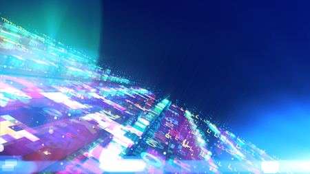 A fantasy 3d illustration of a space design construction located diagonally with several surfaces fixed to each other. They are dazzling, crystalline and have enigmatic forms in the blue background.の写真素材