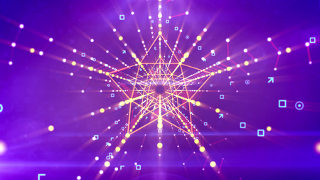 A showy 3d illustration of a symmetric five pointed star neon channel with pentagon structures inside in the violet background with soaring angles, arrows, circles, and golden rays beaming around.の写真素材