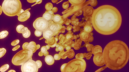 A cheerful 3d rendering of glittering dollar coins soaring horizontally in the dark violet background. They whirl and fly optimistically and create the mood of happiness, luck and fortune.の写真素材