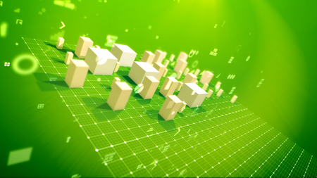 An optimistic 3d illustration of a bar chart with rising cubic columns denoting profit in the green backdrop located diagonally with whirling spots, key holes, arrows and other computer signs.の写真素材
