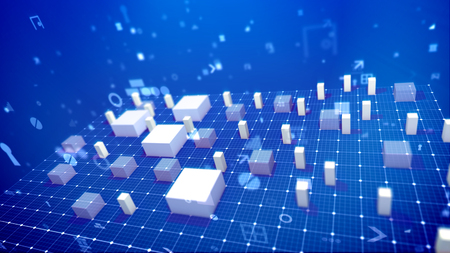 An incredible 3d illustration of a bar chart with rising rectangular and cubic business columns denoting some business indexes in the blue background. There are additional pc signs and spots.の写真素材