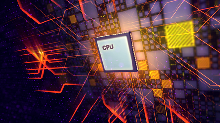3d rendering of a CPU processor put aslant in the violet backdrop. It is surrounded with colorful squares covered with diagonal lines. The energy beams are transmitted in all directions.の写真素材