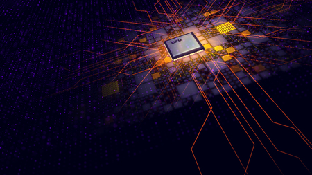 A techno 3d illustration of a CPU microprocessor put diagonally in the dark violet background. It is linked with shining plates and a grid of yellow lines transmitted in all cyber directions.の写真素材