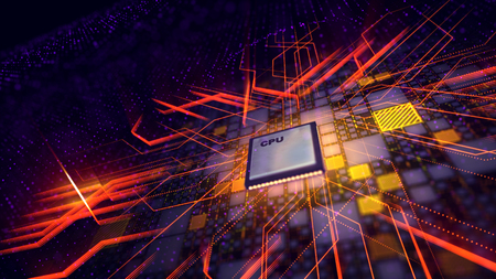 A cyberspace 3d illustration of a square CPU microprocessor with a line of white spots being put askew in the black motherboard with yellow plates, violet spots and purple energy lines.の写真素材