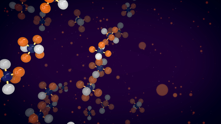 An amazing 3d illustration of orange, white and blue atoms linked in volumetric molecular structures flying up in the dark violet background. It looks like a medical research in a modern laboratory.の写真素材