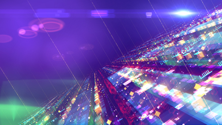 A gorgeous 3d illustration of a UFO and a space station located aslant with several structures fixed to each other. They are glowing, crystalline and have innovative forms in the violet background.の写真素材