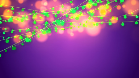 A cheery 3d illustration of Christmas garlandss made in forms of green and pink bulbs fixed on long wires in the violet background. They sparkle and glitter inspiring the mood of optimism.の写真素材