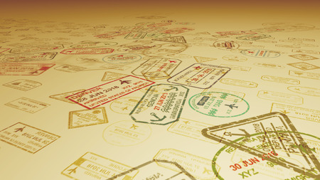 An original 3d illustration of travel stamps on inclined sandy surface with many visa marks in the camel yellow background. All tourists prefer the southern countries with dessert sand.の写真素材