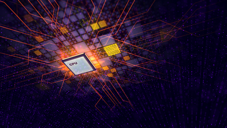 A striking 3d illustration of a cubic CPU tablet making diagonal and straight crosses forming bright energy beams shining in eight directions in the black backdrop with yellow squares.の写真素材