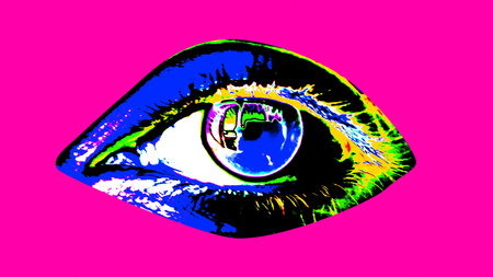 A popular art 3d illustration of a human female eye with black pupil, colorful iris and sparkling blue retina in the rozy background. It looks arty, optimistic and festive.の写真素材