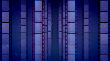 An impressive 3d illustration of vertical film tapes with black fringes with dots. They are located in the dark blue background. They generate the mood of cheerfulness, professionalism and art.の写真素材