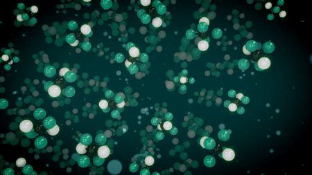 An artistic 3d illustration of green, white and black atoms linked in multidimensional molecular structures flying away in the dark green background. They look cheerful and alive.の写真素材