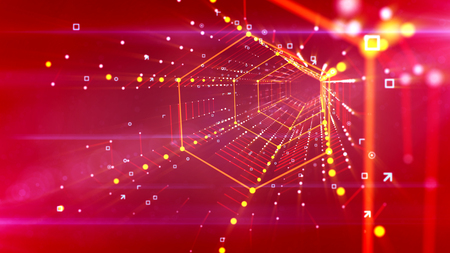 A stunning 3d illustration of a hexagonal neon portal located askew and stretched in the bright purple background with stripes of connected and sparkling golden dots and resembling a spider web.の写真素材