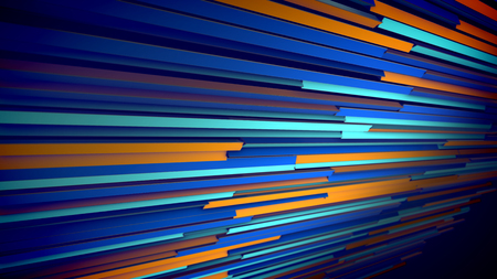 An artistic 3d illustration of horizontal multicolored shutter placed aslant. They vary colors from brown to celeste, blue and violet. The blinds look modern and alive, festive and cheery.の写真素材