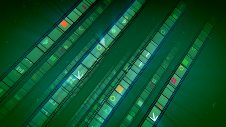 A multidimensional 3d illustration of inclined film tapes with yellow, orange and white keyholes, windows, bricks, brackets and other forms in the dark green background. They look jolly.の写真素材