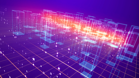 An innovative 3d illustration of a cyberspace urban territory with sparkling crystal houses and plasma looking bottoms put on a network from squares in the violet background put aslant.の写真素材