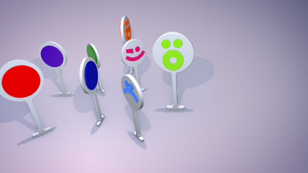 A childish 3d illustration of smiling icon figures standing in a circle and entertaining together happily. They have bright blue, orange and green computer symbols on their faces and look funny.の写真素材