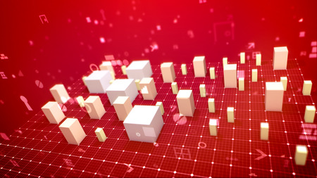 A volumetric 3d illustration of a bar chart and an arrow put askew on a white grate in the purple backdrop. The white columns meaning business indicators show revenue in per cent.の写真素材