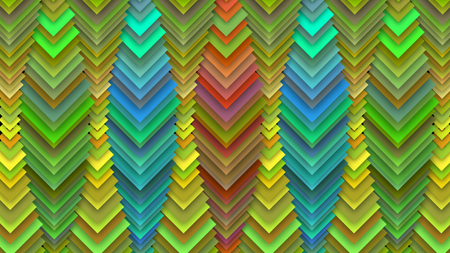A cheerful 3d illustration of abstract multicolored drop decor with aimed down squares with spots in centers shaping long cubic tubes resembling a toy show curtain for children.の写真素材