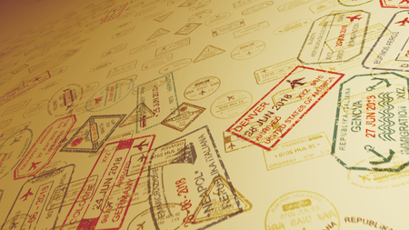An optimictic 3d illustration of travel stamps on slanting sandy area with many flying marks in the canary yellow background. All tourists moved to southern countries and destinations.の写真素材