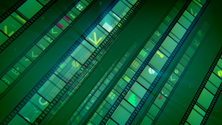 A stunning 3d illustration of straight film tapes located aslant shining brightly with violet, white and yellow images. They are placed in the dark green background in a joyful and optimistic way.の写真素材