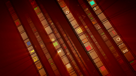 An op art 3d illustration of four diagonal film stripes shining brightly being full of colorful squares, keyholes and other forms in the dark brown background. They look cheery and arty.の写真素材