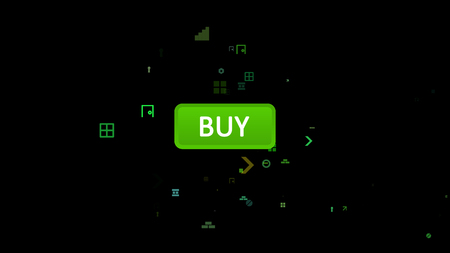 A jolly 3d illustration of an oval salad buy button with a moving to it white arrow touching it in the black background with soaring windows, brackets, hexagons, dots and other funny symbols.の写真素材