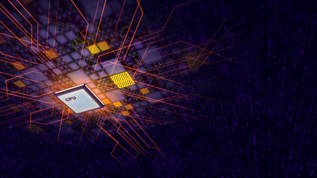 An impressive 3d illustration of a square CPU microprocessor with plasma curves around being put diagonally in the holographic black motherboard with golden plates and red power lines.の写真素材